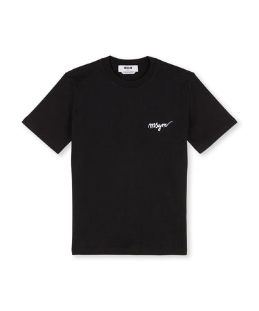 Round neck cotton T-shirt with embroidered logo Black