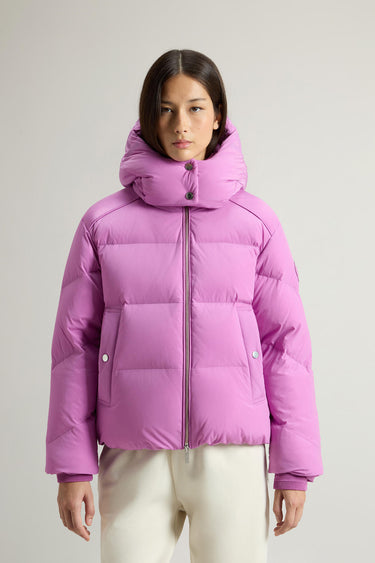 Short Alsea Down Jacket in Stretch Nylon with Detachable Hood Liatris