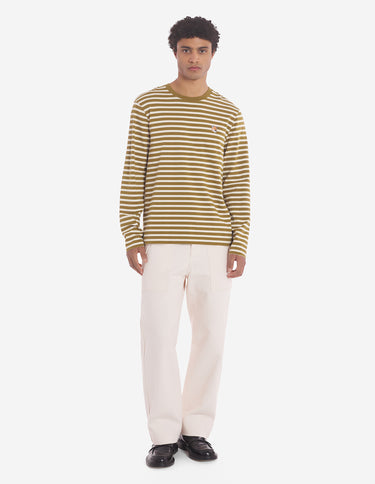 Fox Head Patch Regular Marin Tee Shirt Khaki Green Stripes
