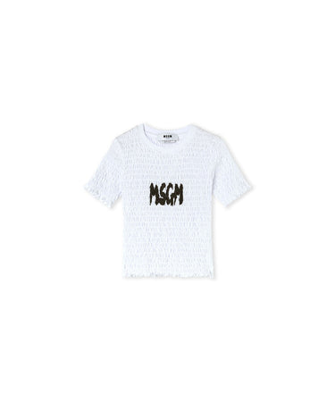 Cotton crop-top t-shirt with smock stitch Opical White