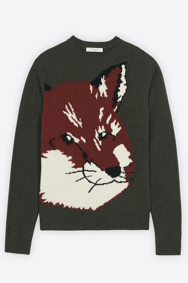 OVERSIZE FOX HEAD JACQUARD PULLOVER KHAKI GREY